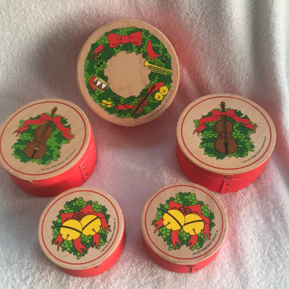 5 Christmas Wood Boxes 1982 Lynn Gates Midwest Importers of Cannon Falls